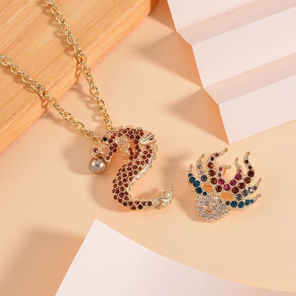 Multi Color Austrian Crystal Set of 2 Snake and Frog Brooch/Pendant Necklace Set - Picture 2 of 4